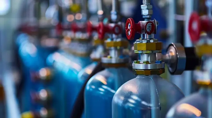 En närbild av en rad blå gasflaskor i linje i en industriell miljö, som representerar framtida energilösningar. Varje cylinder är utrustad med ventiler och mätare, varav några har framträdande röda ventilhandtag. Fokus ligger på förgrundscylinderns ventil medan de andra suddas ut i bakgrunden.