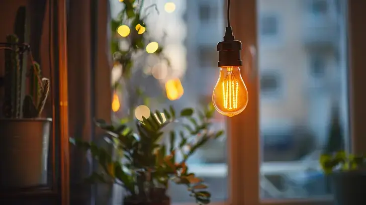 En glödande glödlampa i vintagestil hänger från taket mot en suddig bakgrund av ett fönster och inomhusgrönska. Varmt ljus skapar en mysig atmosfär, med mjuka reflektioner och bokeh som lyser upp scenen – ett perfekt sätt att minska energiförbrukningen hemma samtidigt som du njuter av charmig inredning.