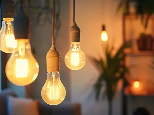 Ett mysigt rum upplyst av flera hängande Edison-lampor i vintagestil. Den varma glöden skapar en avslappnad atmosfär, med mjuka skuggor och ofokuserade växter och möbler synliga i bakgrunden. Med smart teknologi kan du enkelt anpassa belysningen för att sänka elräkningen.