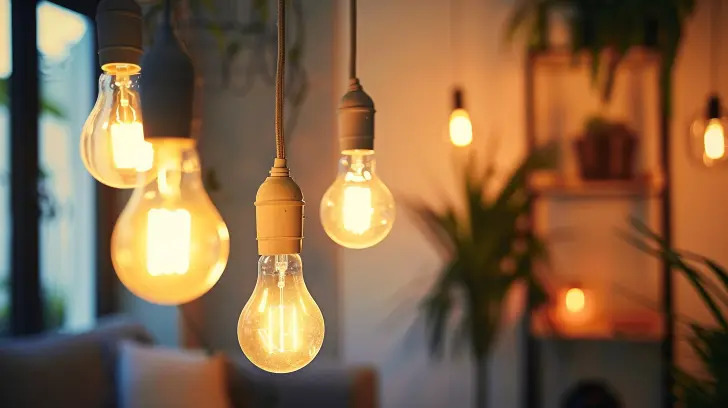 Ett mysigt rum upplyst av flera hängande Edison-lampor i vintagestil. Den varma glöden skapar en avslappnad atmosfär, med mjuka skuggor och ofokuserade växter och möbler synliga i bakgrunden. Med smart teknologi kan du enkelt anpassa belysningen för att sänka elräkningen.