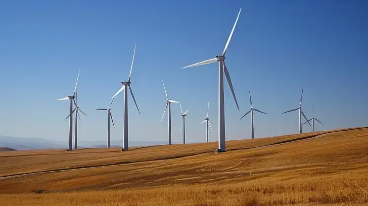 Ett fält av vindkraftverk utspridda över ett vidsträckt gyllenbrunt land under en klarblå himmel visar vindkraftens växande roll i Sveriges energiförsörjning. Turbinerna, med sina stora vita blad, står högt i rader och utnyttjar vindenergi. Landskapet är platt med avlägsna kullar som knappt syns i horisonten.