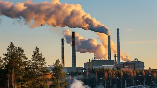 En fabrik med flera höga skorstenar släpper ut tjocka rökplymer på solnedgångshimlen. I förgrunden syns träd, några med löven som skiftar färg, och en väg som går bredvid industrianläggningen, som visar upp ett ögonblick i svensk industri med fokus på att utforska energieffektivitet.