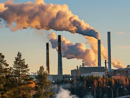 En fabrik med flera höga skorstenar släpper ut tjocka rökplymer på solnedgångshimlen. I förgrunden syns träd, några med löven som skiftar färg, och en väg som går bredvid industrianläggningen, som visar upp ett ögonblick i svensk industri med fokus på att utforska energieffektivitet.