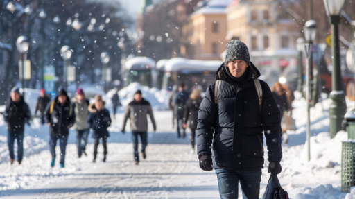 En person klädd i en svart vinterkappa och grå stickad mössa går längs en snöig gata med andra fotgängare i bakgrunden. Snön faller lätt och scenen utspelar sig i en tätort med snötäckta trottoarer och byggnader, vilket lyfter fram samhällets ansträngningar att möta Sveriges klimatmål.