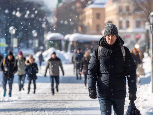 En person klädd i en svart vinterkappa och grå stickad mössa går längs en snöig gata med andra fotgängare i bakgrunden. Snön faller lätt och scenen utspelar sig i en tätort med snötäckta trottoarer och byggnader, vilket lyfter fram samhällets ansträngningar att möta Sveriges klimatmål.