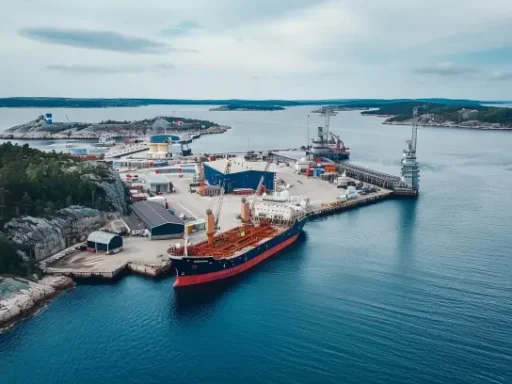 Flygfoto över en industrihamn vid kusten med dockade fartyg, kranar, lager och lastcontainrar mot ett stenigt landskap. Hamninfrastrukturen sträcker sig ut i vattnet och framhäver Sveriges energiexport, med skogsområden och öar synliga i fjärran under en molnig himmel.