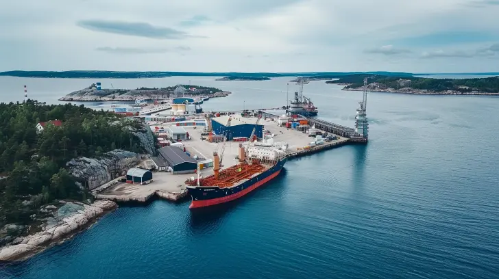 Flygfoto över en industrihamn vid kusten med dockade fartyg, kranar, lager och lastcontainrar mot ett stenigt landskap. Hamninfrastrukturen sträcker sig ut i vattnet och framhäver Sveriges energiexport, med skogsområden och öar synliga i fjärran under en molnig himmel.