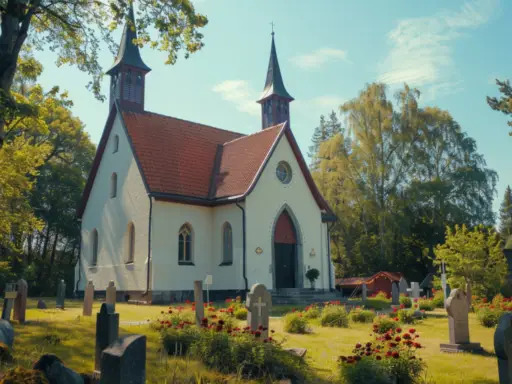 En pittoresk vit kyrka med ett rött tak står bland gröna träd under en klar himmel. Den har två spiror och en röd dörr. I förgrunden erbjuder en kyrkogård miljövänliga begravningar med gravstenar omgivna av blommande röda blommor.