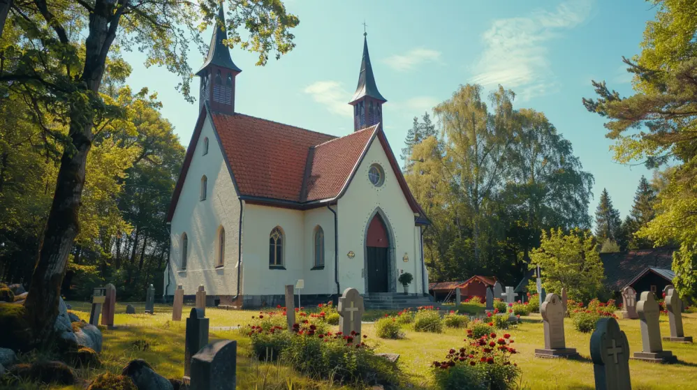 En pittoresk vit kyrka med ett rött tak står bland gröna träd under en klar himmel. Den har två spiror och en röd dörr. I förgrunden erbjuder en kyrkogård miljövänliga begravningar med gravstenar omgivna av blommande röda blommor.